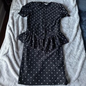 Vintage Miss Dorby Peplum Dress Black White Geometric Puff Sleeve 80s 90s